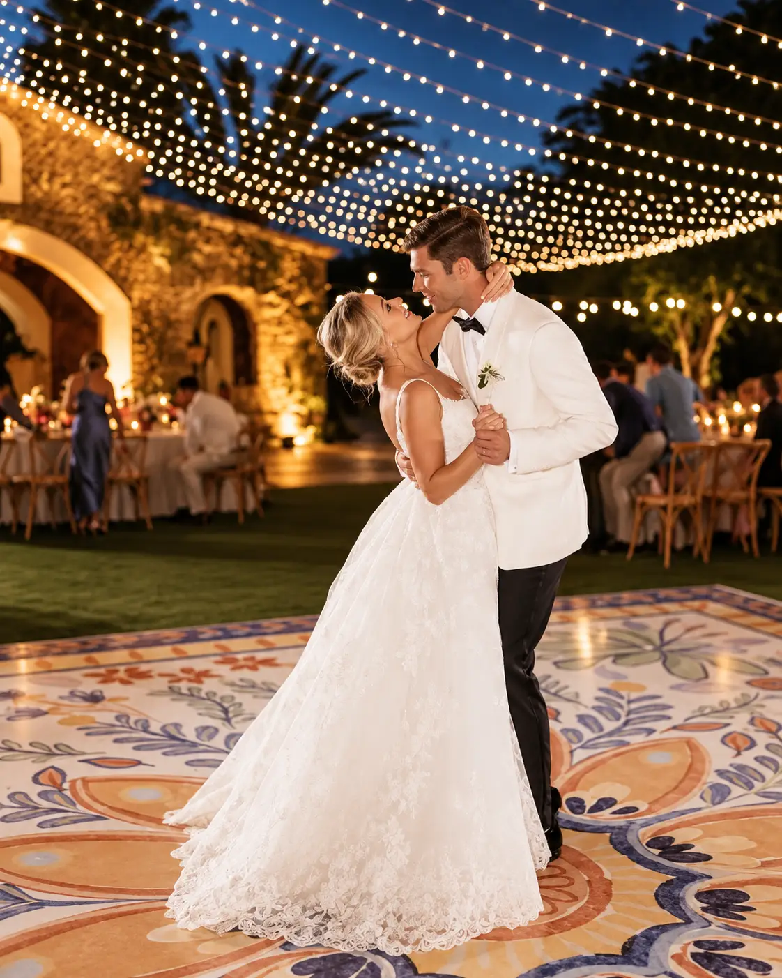Wedding reception with dance floor and stage lights