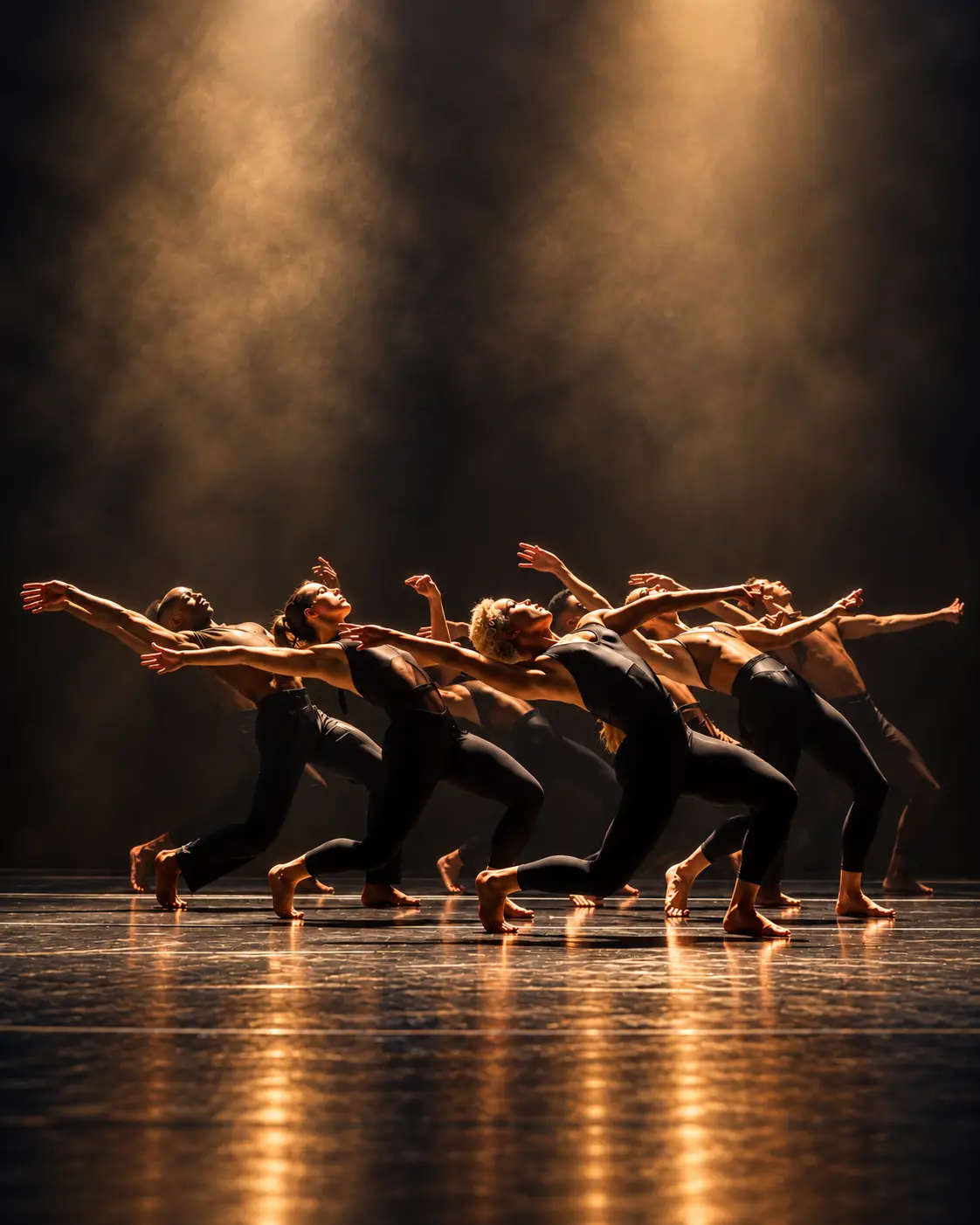 Performers changing formation beneath an illuminated theatre spotlight