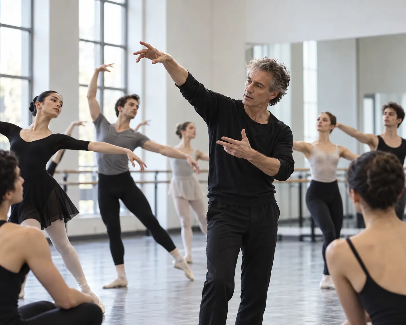 Dance director consulting with performers during rehearsal